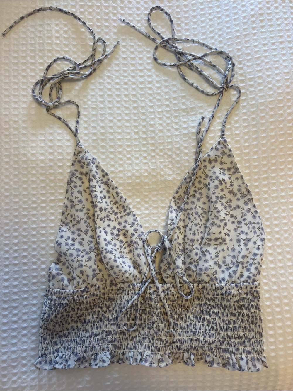 Floral Smocked Halter Cami in White-Cream with Blue Print